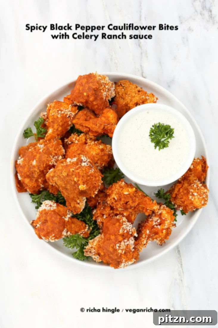 Spicy Baked Breaded Cauliflower Bites served with refreshing Celery Ranch. A delicious vegan appetizer from Vegan Richa.