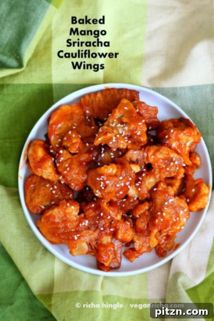 Baked Mango Sriracha Cauliflower Wings: Sweet, spicy, and perfectly crispy vegan appetizer. | VeganRicha.com