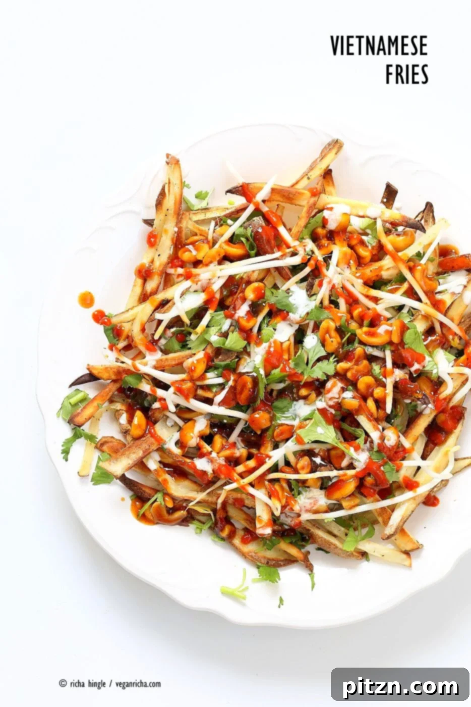 Baked Vietnamese Fries: Crispy potato strips loaded with cilantro, basil, bean sprouts, nuts, sweet chili sauce, sriracha, and vegan mayo. A unique vegan and gluten-free banh mi inspired snack. | VeganRicha.com