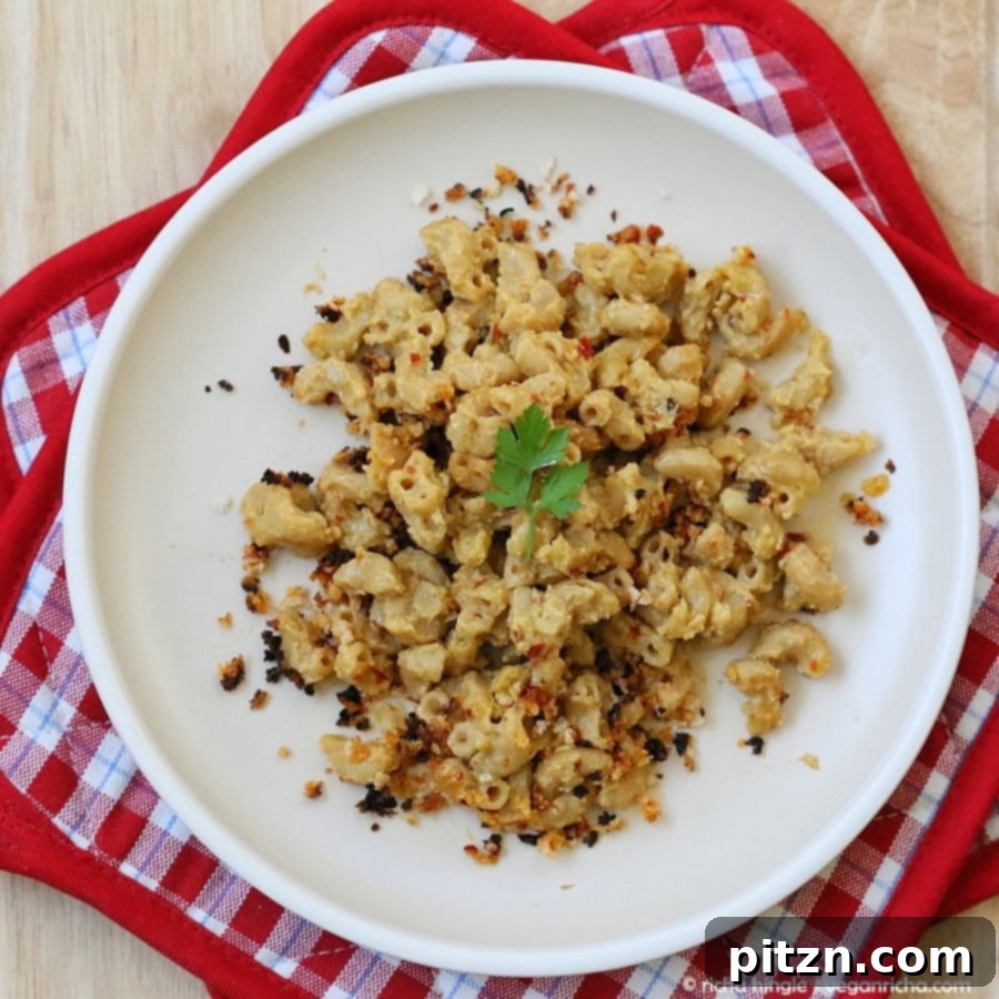 overhead shot of a serving of vegan Cajun mac and cheese topped with toasted breadcrumbs