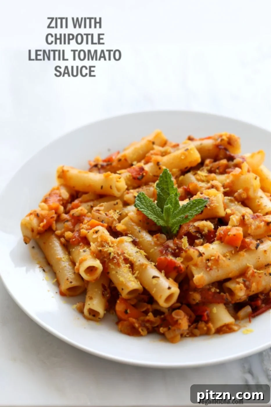 Flavorful 25-Minute Weeknight Ziti with Smoky Chipotle Lentil Tomato Sauce – A Quick Vegan and Soy-Free Meal, easily made Gluten-Free. Discover the perfect blend of spice and heartiness for busy evenings.