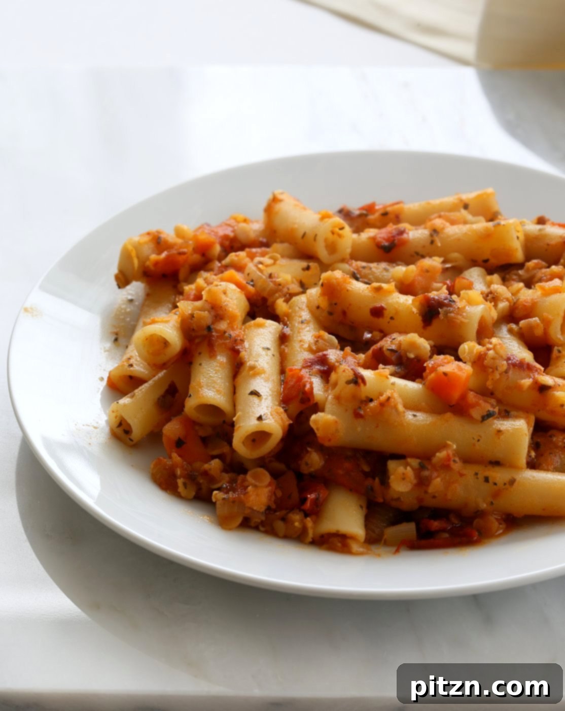 Delicious and Easy 25-Minute Weeknight Ziti with Smoky Chipotle Lentil Tomato Sauce. A nourishing and satisfying Vegan and Soy-Free meal, adaptable for Gluten-Free diets.