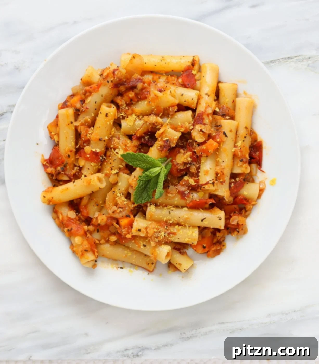 Hearty and quick 25-Minute Ziti with Chipotle Lentil Tomato Sauce. A fantastic Vegan, Soy-Free, and Gluten-Free adaptable meal, bursting with smoky and rich flavors.