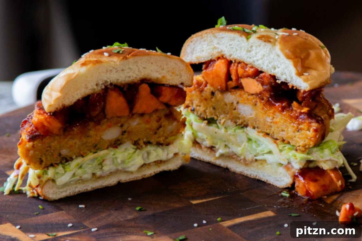 Hearty Peanut Carrot White Bean Burgers 16 Final image of a Peanut Carrot White Bean Burger served on a whole wheat bun with a side of roasted butternut squash.