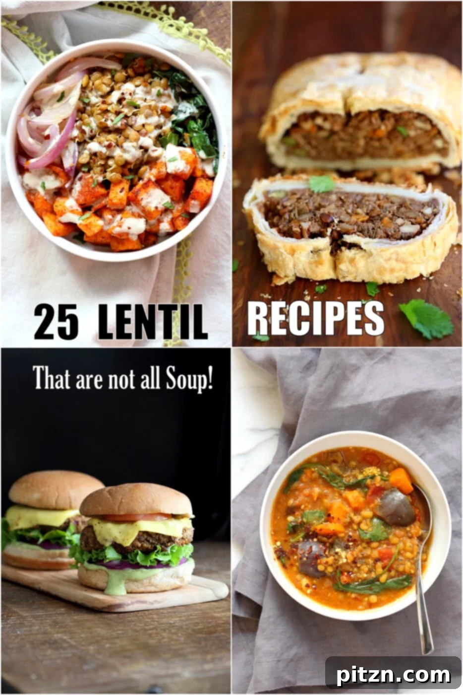 25 Easy Lentil Dishes Beyond Soup 2 A vibrant spread of 25+ easy vegan lentil recipes, including bowls, tacos, soups, enchiladas, sloppy sandwiches, fritters, burger patties, and casseroles. Highlighting the versatility of brown, green, and red lentils, with gluten-free, soy-free, and nut-free options available for diverse dietary needs.