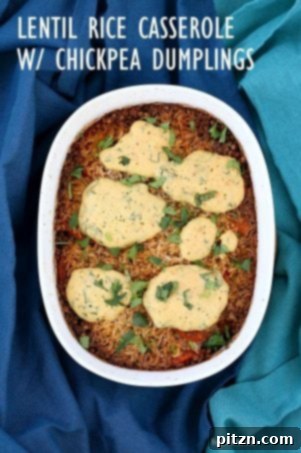 Lentil Rice Casserole with Chickpea Dumplings: A comforting and hearty vegan lentil and rice casserole, topped with fluffy chickpea dumplings. A gluten-free and plant-based dinner option perfect for family meals.