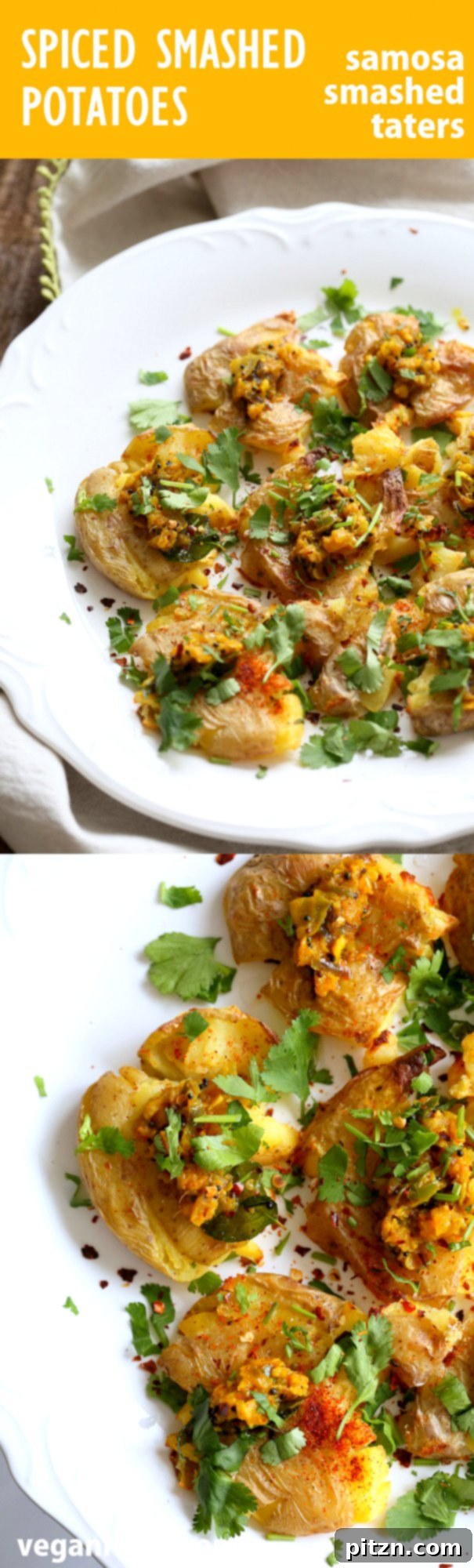 Spiced Smashed Potatoes with a Mustard Ginger Infusion 4 Overhead view of a rustic wooden board laden with Indian Spiced Smashed Potatoes, highlighting the diverse spices and textures.