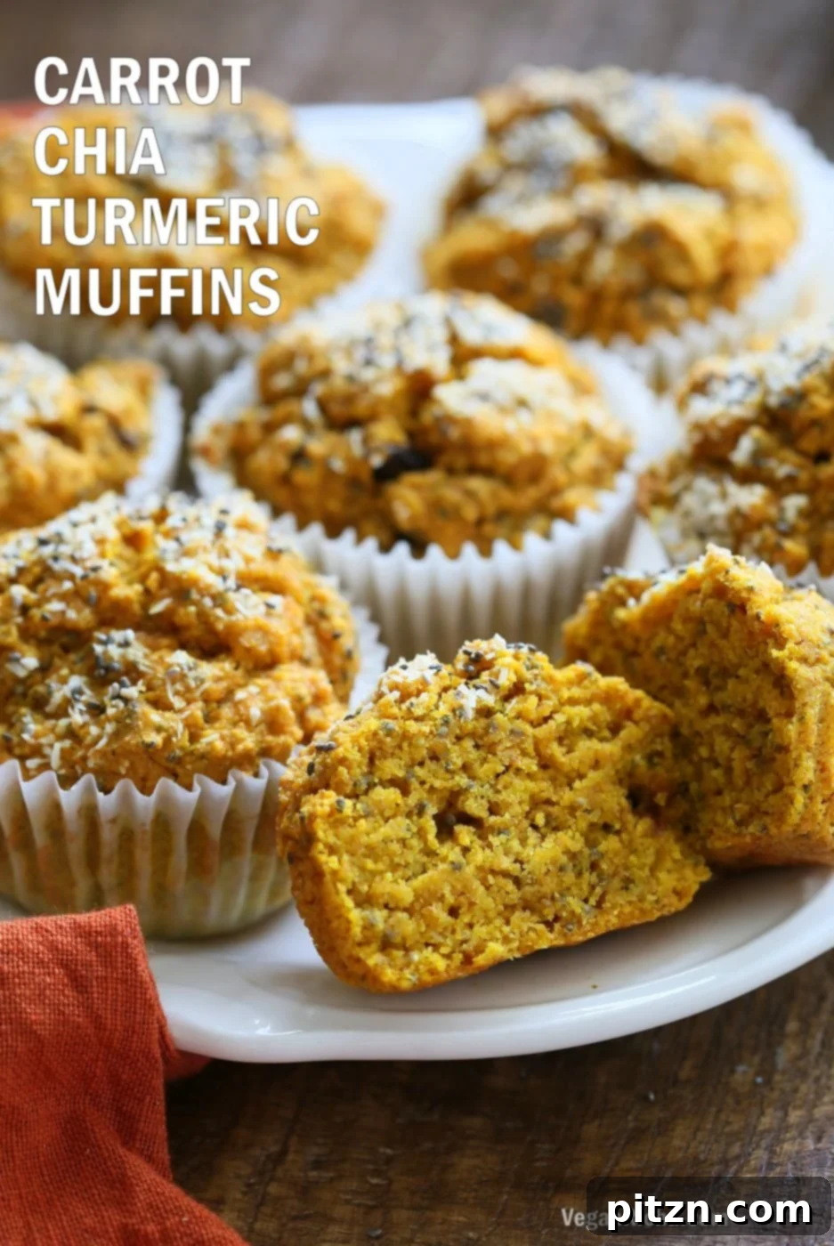 Vegan Turmeric Carrot Muffins. These wholesome muffins feature fresh carrots, vibrant turmeric (dry or fresh), zingy ginger, and nutrient-rich chia seeds. Coconut enhances the flavor for a caramelized carrot-ginger-turmeric blend with warming spices like cardamom, cinnamon, and nutmeg. Add optional nuts or dried fruit for extra texture. This is a no-added-sugar, no-oil, vegan, soy-free, nut-free recipe with a gluten-free option.