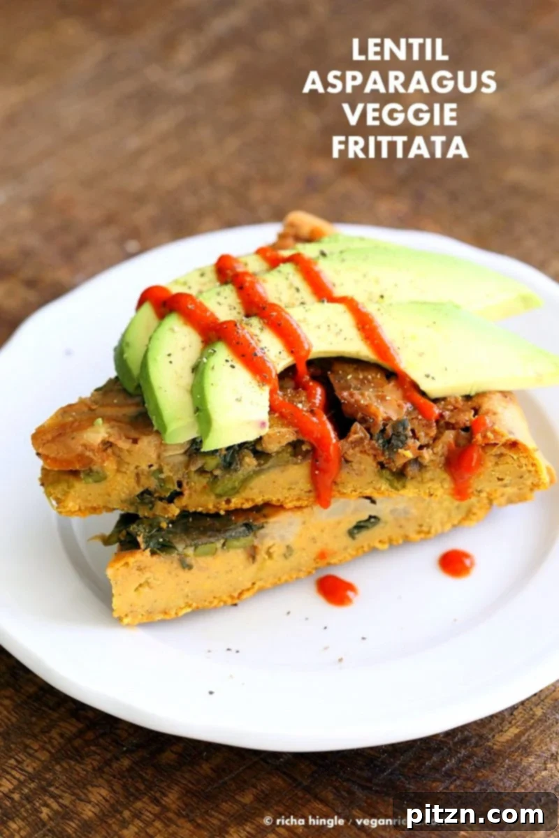 Lentil Veggie Asparagus Frittata. Blended red lentils create the 'egg' base for this flavorful vegan frittata, filled with fresh Spring vegetables like asparagus. An easy, gluten-free, soy-free recipe perfect for Mother's Day brunch.