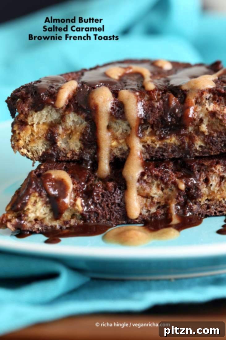 Decadent PB Date Caramel Brownie French Toast. A delicious vegan French toast recipe from Vegan Richa, perfect for a special brunch occasion like Mother's Day.