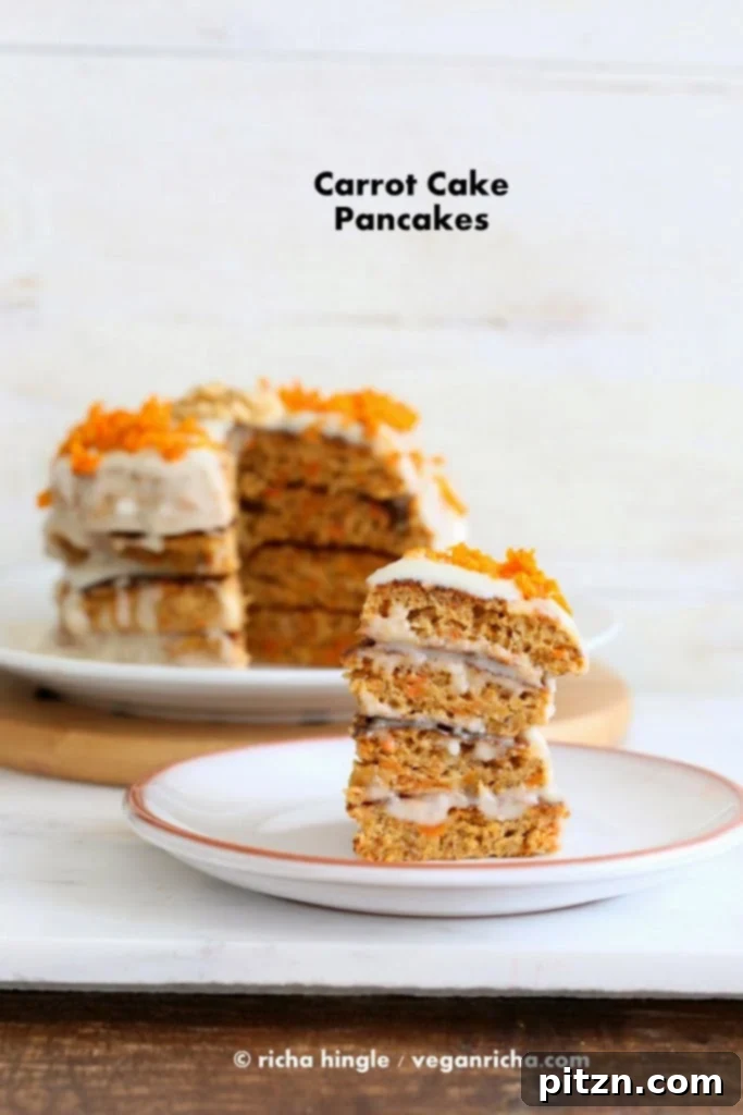 Fluffy vegan carrot cake pancakes, a delightful and healthy plant-based breakfast idea for Mother's Day brunch.
