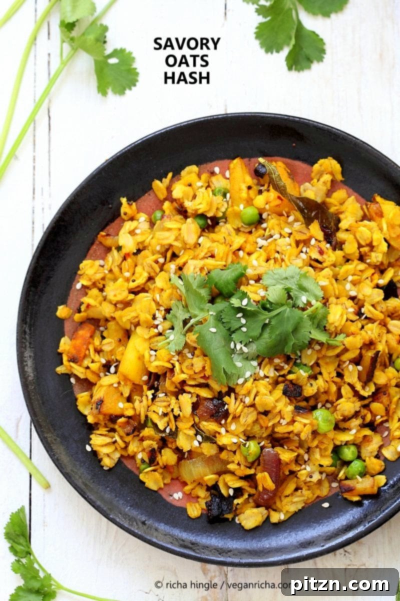 Savory Oats Hash - Indian Oats Poha Upma. A delicious and healthy savory oats recipe with veggies and nuts. Vegan, gluten-free, soy-free breakfast or brunch idea.
