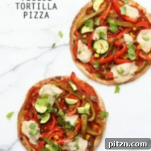 Easy Baked or Grilled Vegetable Fajita Tortilla Pizza, a quick and healthy vegan meal