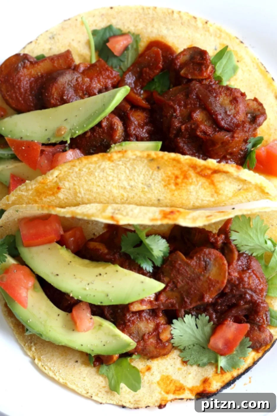 Overhead view of Vegan Barbacoa Mushroom Tacos, highlighting the rich chile sauce and tender mushrooms, perfect for a plant-based meal. Gluten-free, Nut-free, Soy-free.