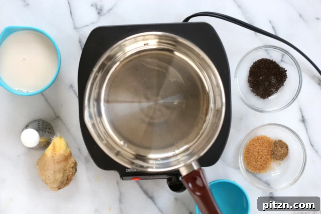 Plant-Based Indian Masala Chai 2 Vegan Indian Masala Chai ingredients. Raw sugar, grated fresh ginger, loose tea, and homemade chai masala blend.