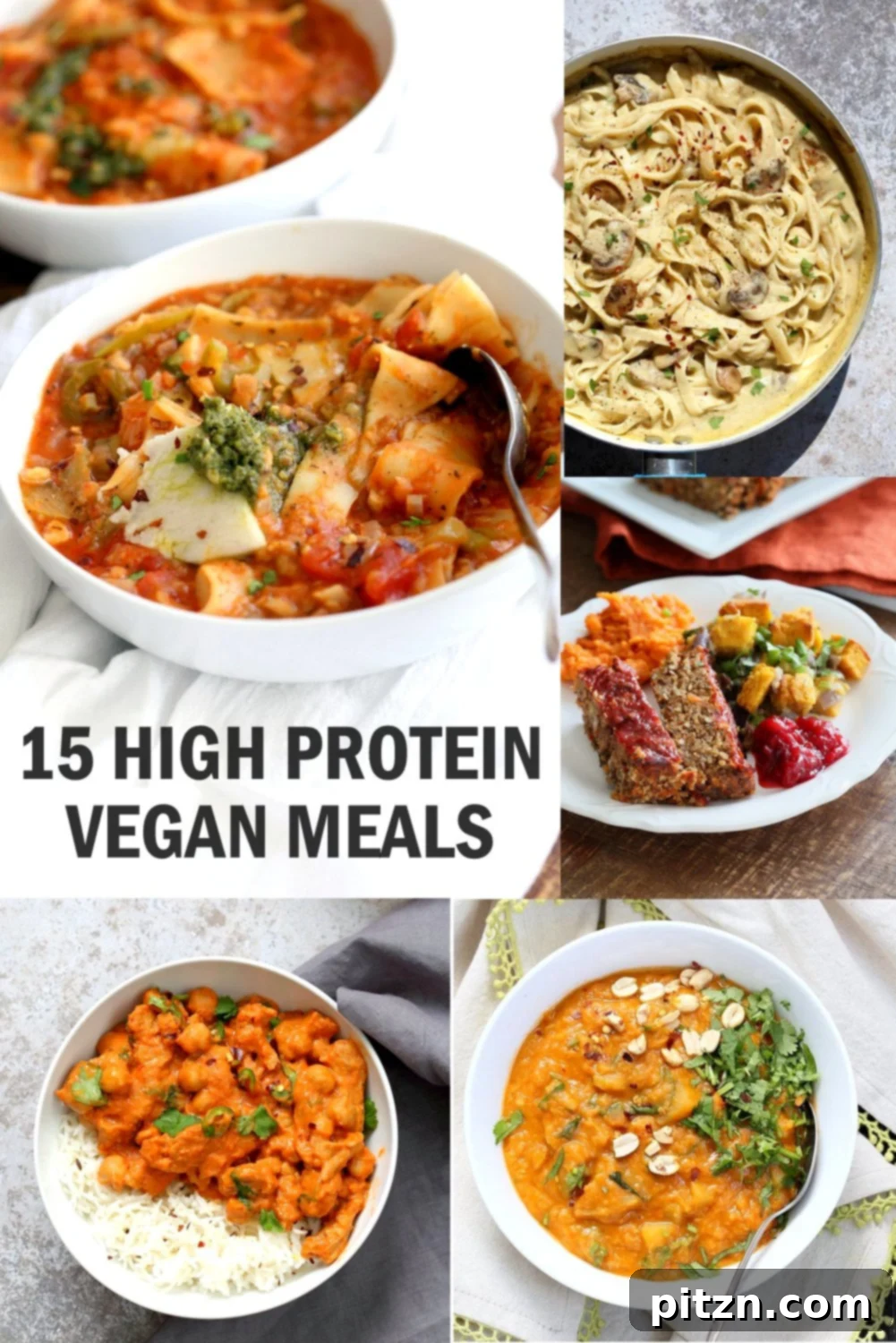 15 Protein-Packed Vegan Meals 2 15 High Protein Vegan Meals that are not all tofu and fake meat. Protein filled vegan vegetarian lunches and dinners. Easy Vegan Protein Meals Gluten-free Soy-free Options. Curries, Peanut Butter Lentils, Sweet and Sour Chickpeas, Fettuccine Alfredo, and more #veganricha #vegan #highprotein #meals