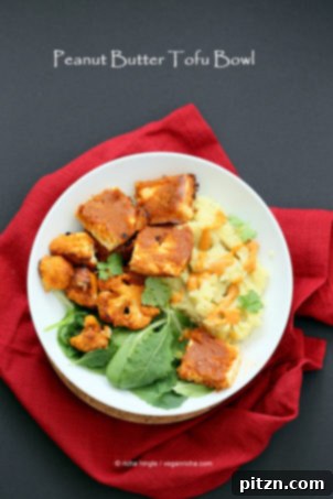 Peanut Butter Roasted Tofu Bowl with mashed potatoes. 23 Gm of Protein per serve! Vegan Gluten-free Soy-free Options.