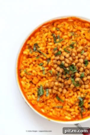 15 Protein-Packed Vegan Meals 8 Creamy Roasted Red Pepper Pasta with Black Pepper Chickpeas. Elbows pasta in roasted red pepper sauce with crisp black pepper thyme chickpeas. Vegan Soy-free Recipe. Can be gluten-free with gluten-free pasta. | VeganRicha.com
