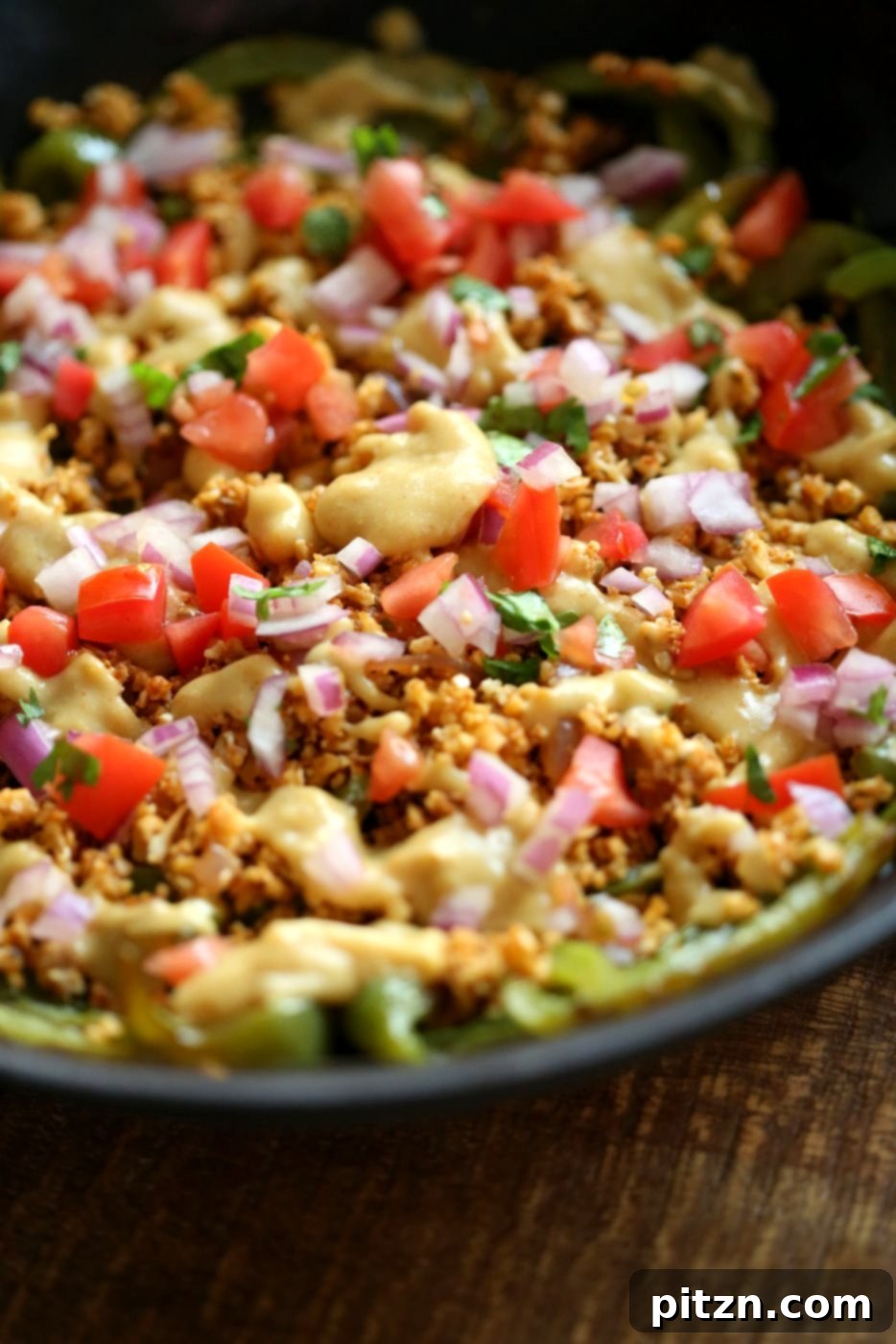 No-Chip Nachos: Bell Peppers Loaded with Cauliflower Taco Meat & Creamy Vegan Queso 3 Vegan Bell Pepper Nachos with Cauliflower Taco Meat & 10 minute Vegan Nacho Cheese Sauce. Veggie full Nachos! Vegan Gluten-free Soy-free Nut-free Recipe