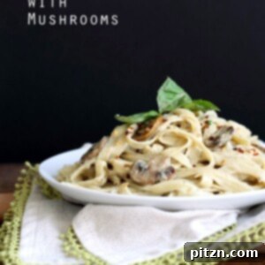 The Best Vegan Mushroom Garlic Alfredo with no nuts. Garlicky, Creamy, Amazing Vegan Fettuccine Alfredo. Nut-free, Easily Gluten-free, soy-free. | VeganRicha.com
