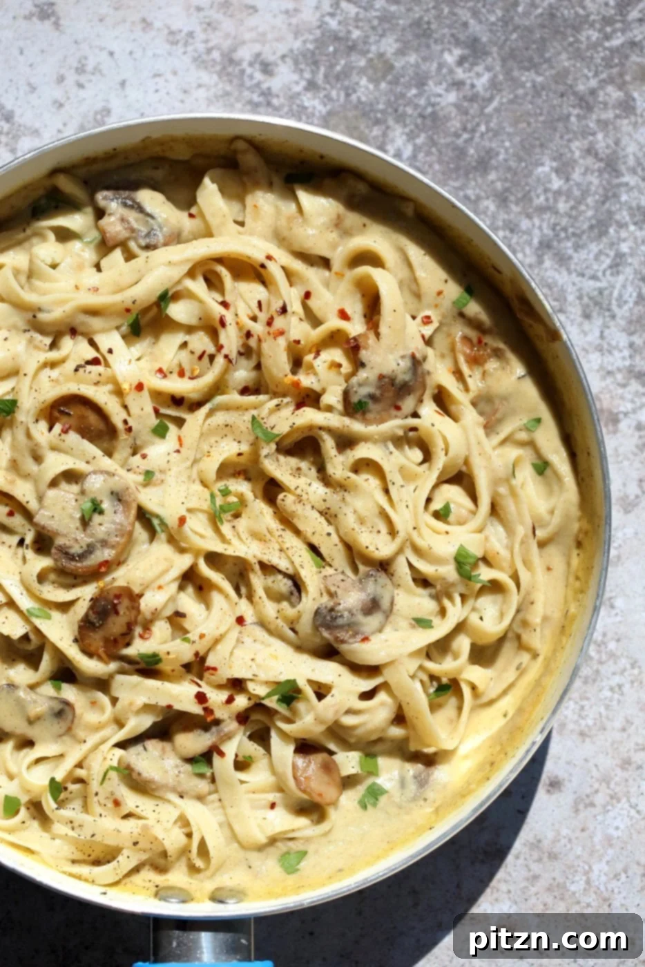 Velvet Vegan Mushroom Alfredo Fettuccine 3 Close-up of creamy vegan fettuccine alfredo with browned mushrooms and fresh parsley garnish.