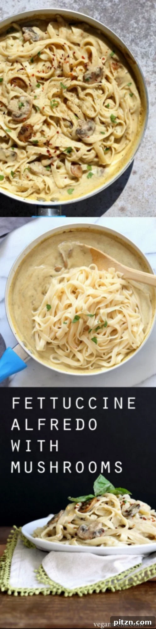 Velvet Vegan Mushroom Alfredo Fettuccine 6 A stunning overhead shot of the best vegan mushroom garlic alfredo, highlighting its rich texture and appetizing presentation.