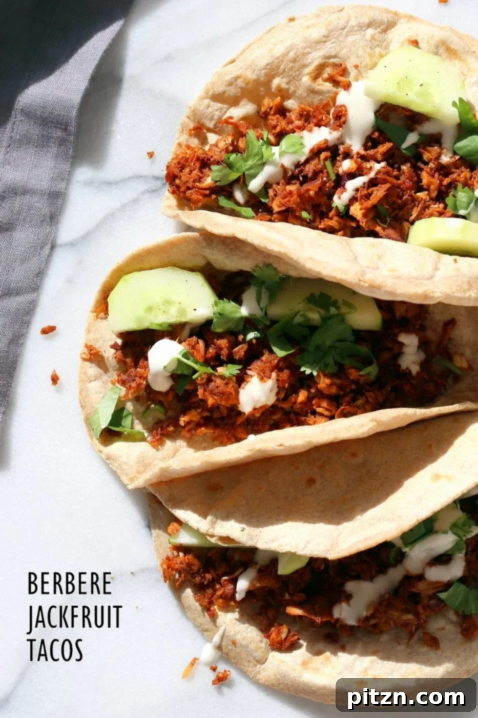 Berbere Spiced Jackfruit Tacos 2 Berbere Spiced Jackfruit Tacos: Jackfruit and onion mixed with Berbere spice blend, baked to caramelized perfection, perfect for a hearty vegan, soy-free, nut-free, and gluten-free meal.