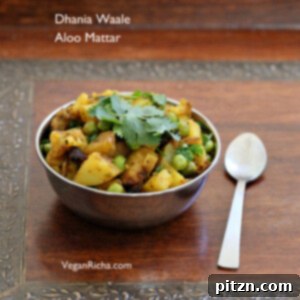 Dhania Waale Aloo Matar. Potatoes and peas spiced with Indian spices and cilantro. Easy spiced dry potato and peas Subzi. Vegan Soy-free Gluten-free Recipe #glutenfree #veganricha #vegan