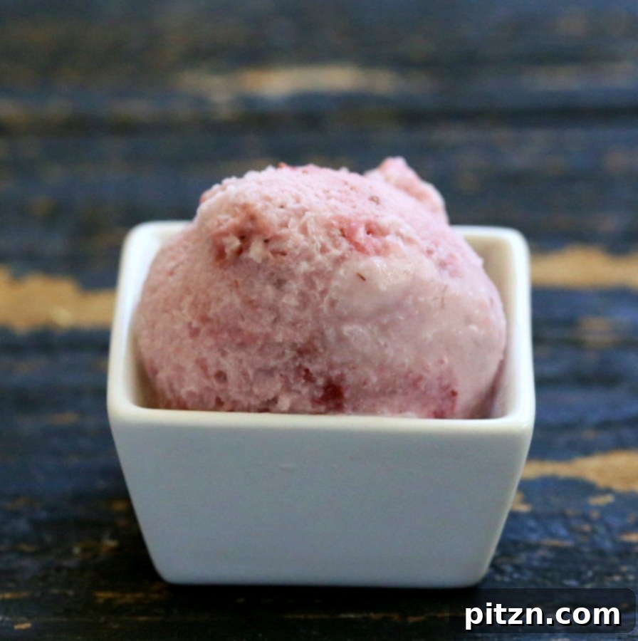 Delicious Chunky Vegan Strawberry Ice Cream scoops with fresh berries.