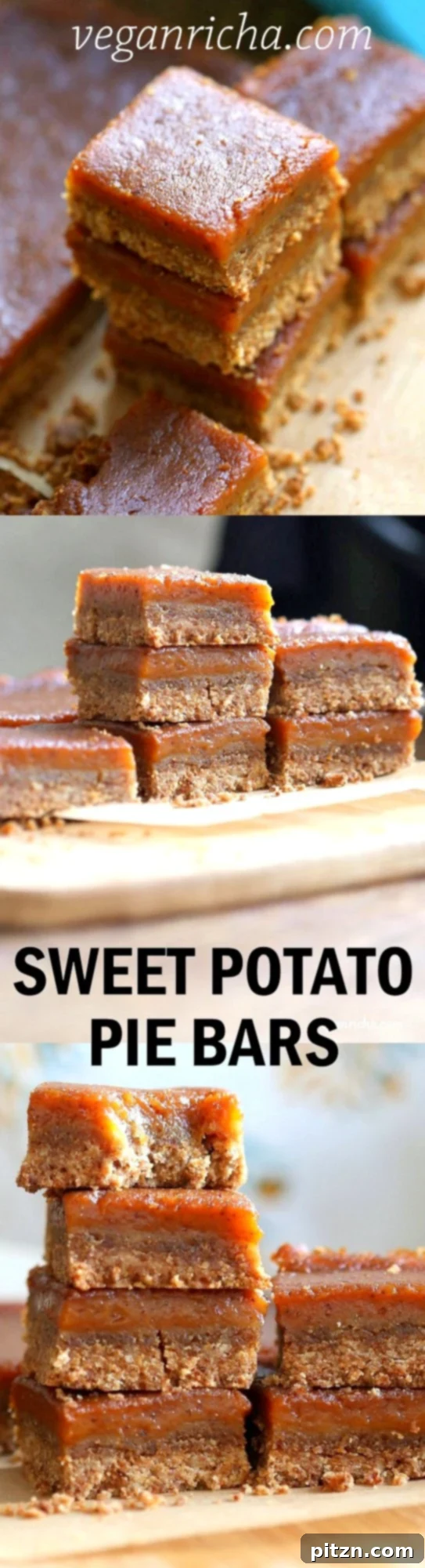 Golden Vegan Sweet Potato Pie Bars 4 Vegan Sweet Potato Pie Bars. Spiced Sweet Potato Pie layered over cinnamony snickerdoodle crust. Make this into a pie for decadent holiday dessert . GF option | VeganRicha.com