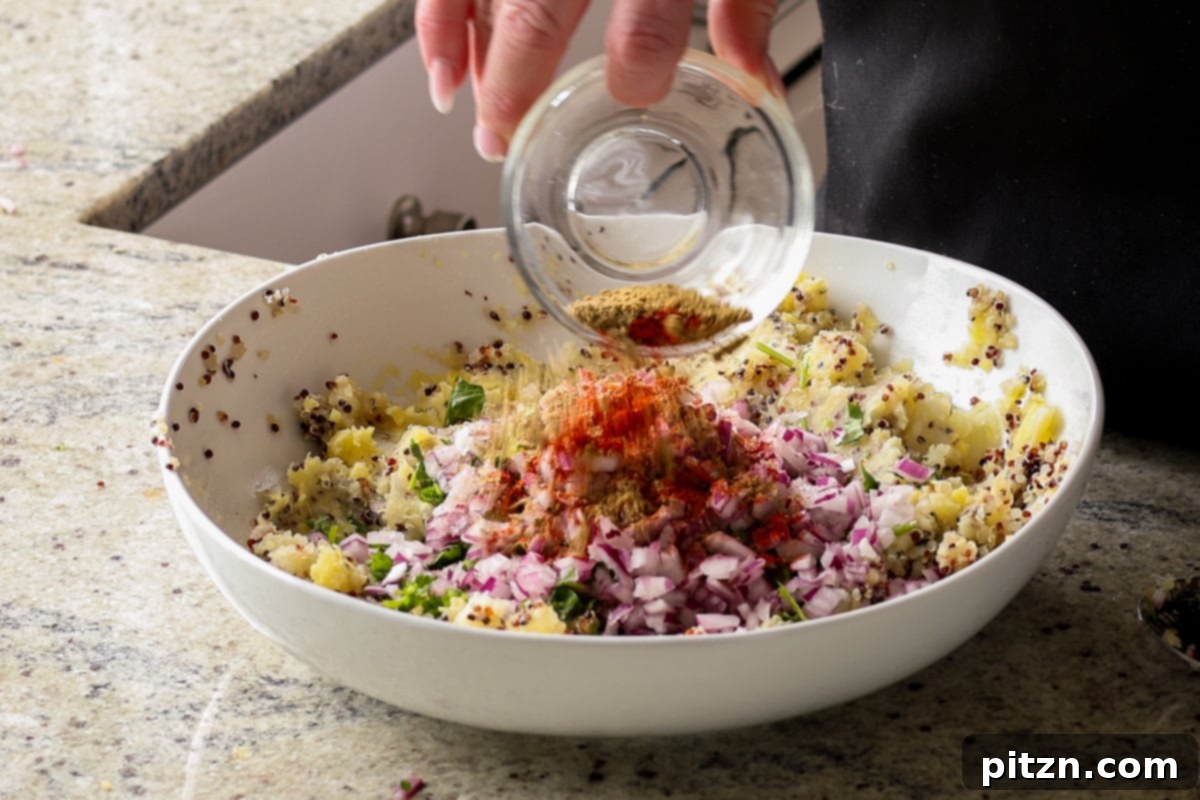 Flavorful Tikki Chole Potato Quinoa Patties and Chickpea Curry 13 adding remaining tikki ingredients to the bowl