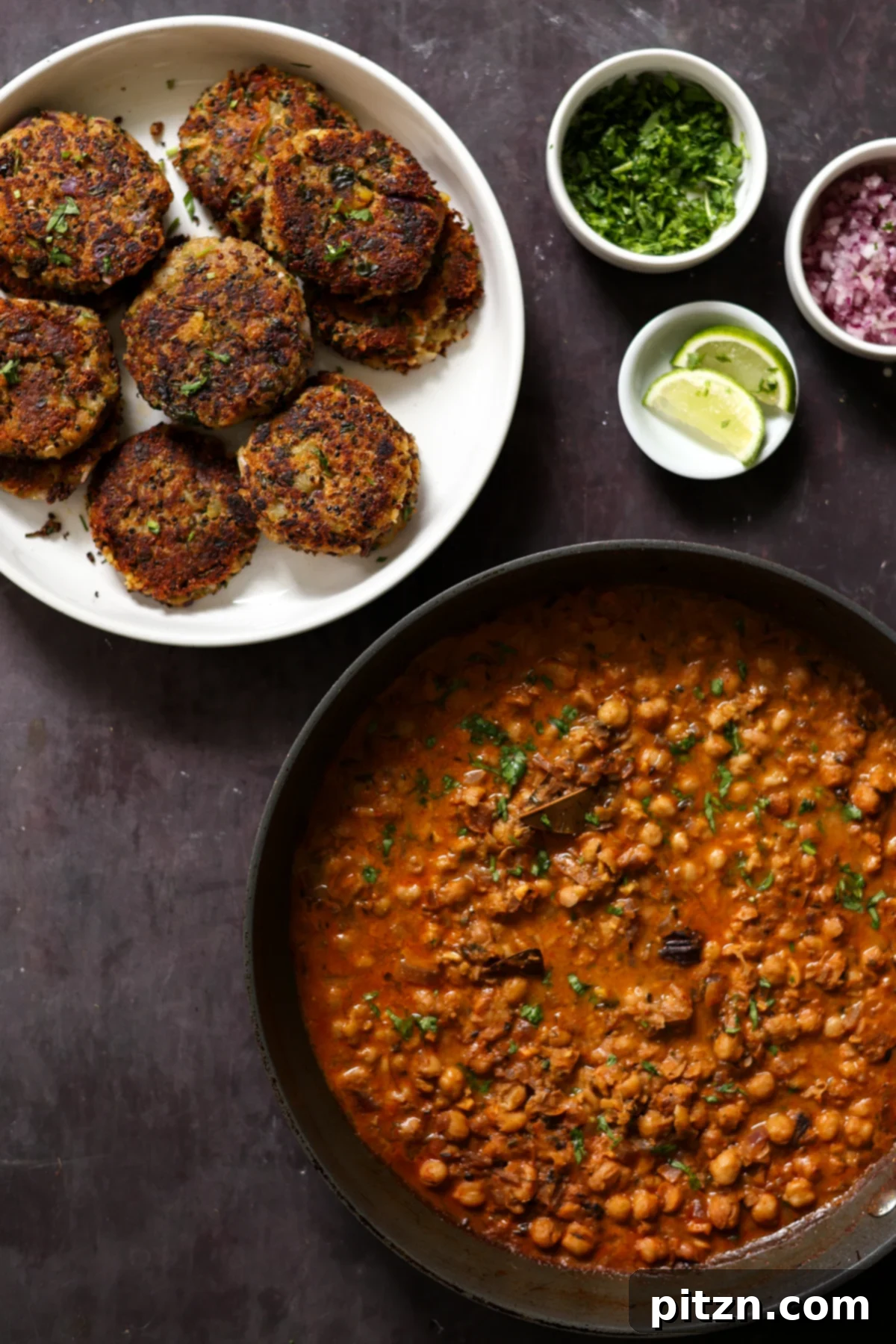 Flavorful Tikki Chole Potato Quinoa Patties and Chickpea Curry 3 plate of tikkis next to a pan of chole