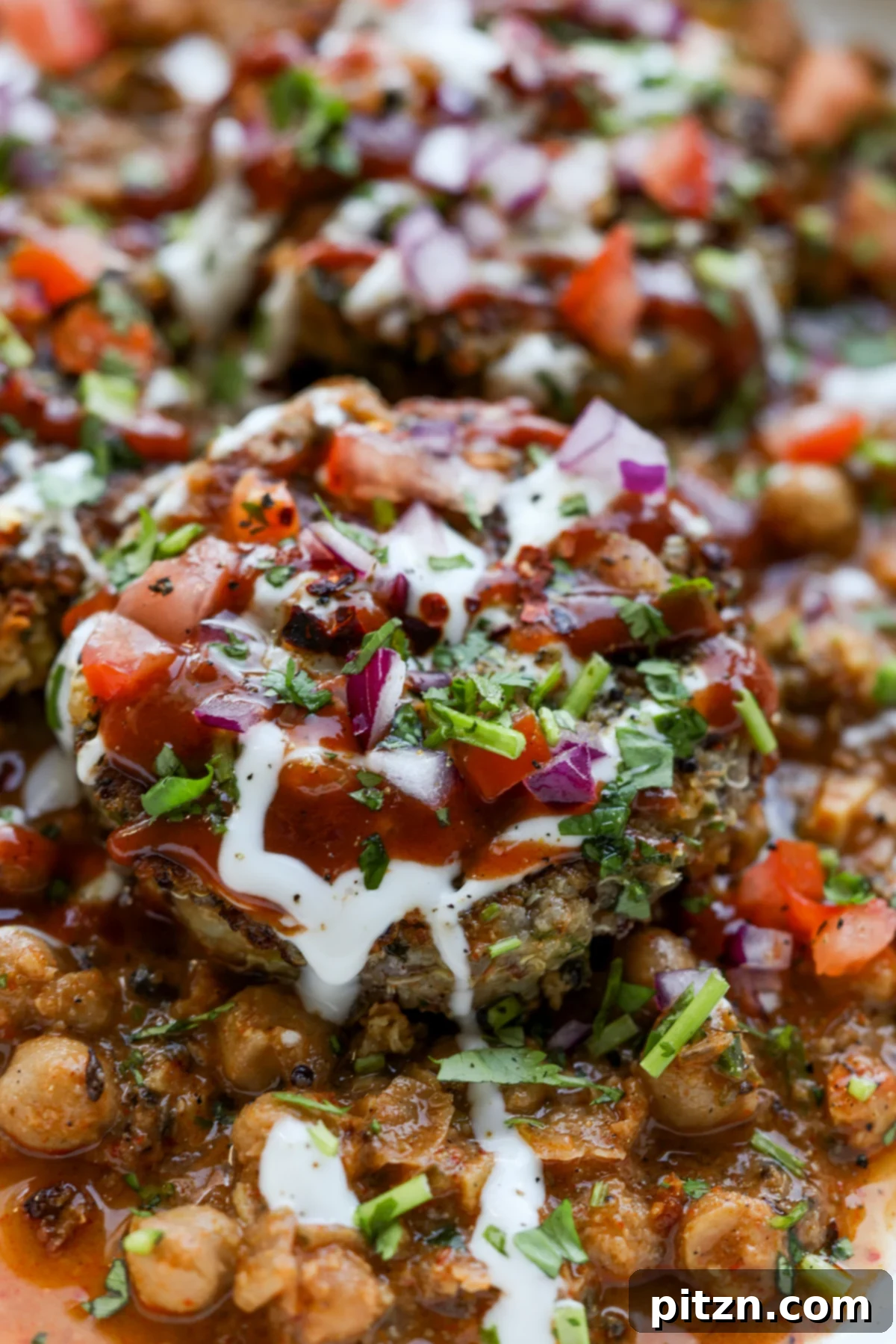 Flavorful Tikki Chole Potato Quinoa Patties and Chickpea Curry 5 extreme close-up of the potato patty with toppings