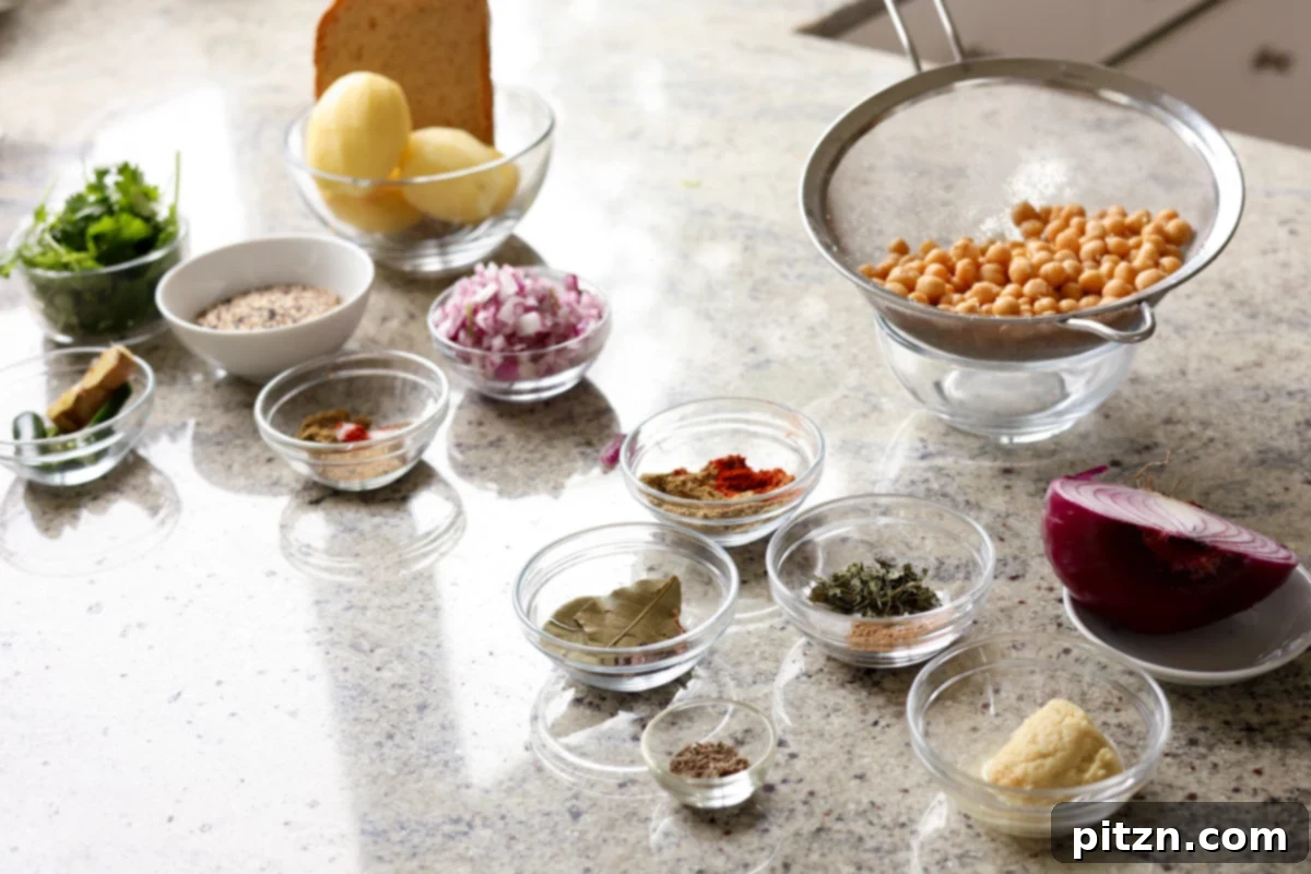 Flavorful Tikki Chole Potato Quinoa Patties and Chickpea Curry 8 tikki chole ingredients on the kitchen counter