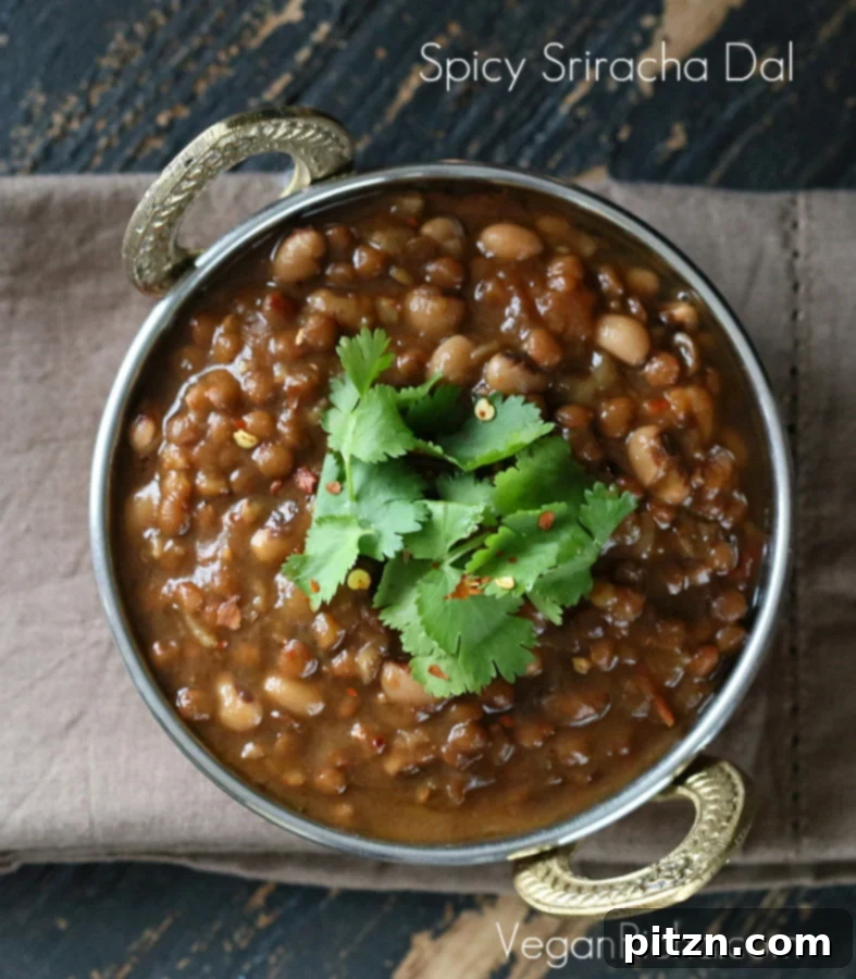 Sriracha-Infused Black Eyed Pea and Lentil Dal 3 A bowl of Black Eyed Pea Lentil Soup, ready to be served