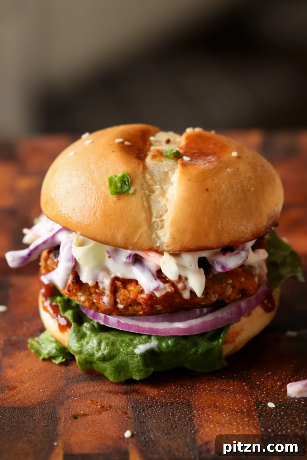 A delicious BBQ lentil burger presented in a toasted bun, adorned with fresh lettuce, juicy tomato, crisp onion, and creamy coleslaw. A perfect summer vegan meal.