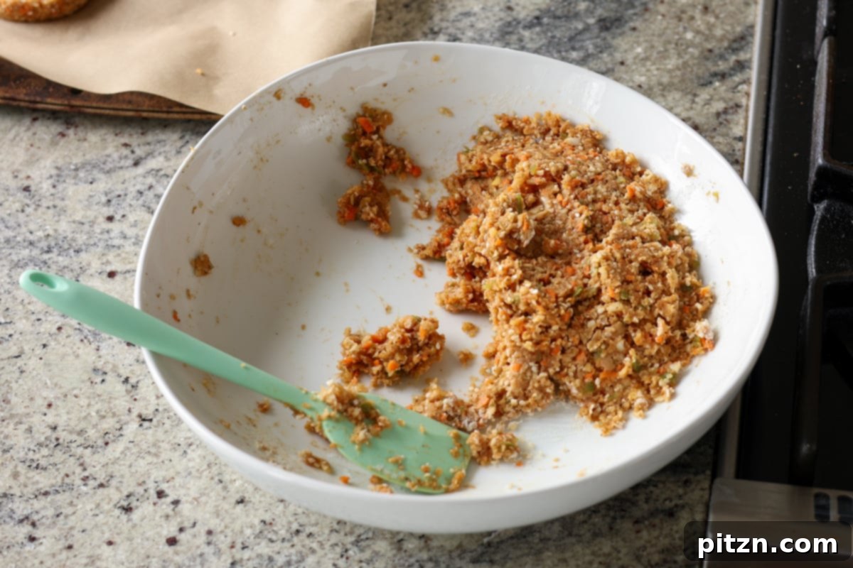 The fully mixed BBQ lentil burger mixture in a bowl, now ready to be formed into patties.