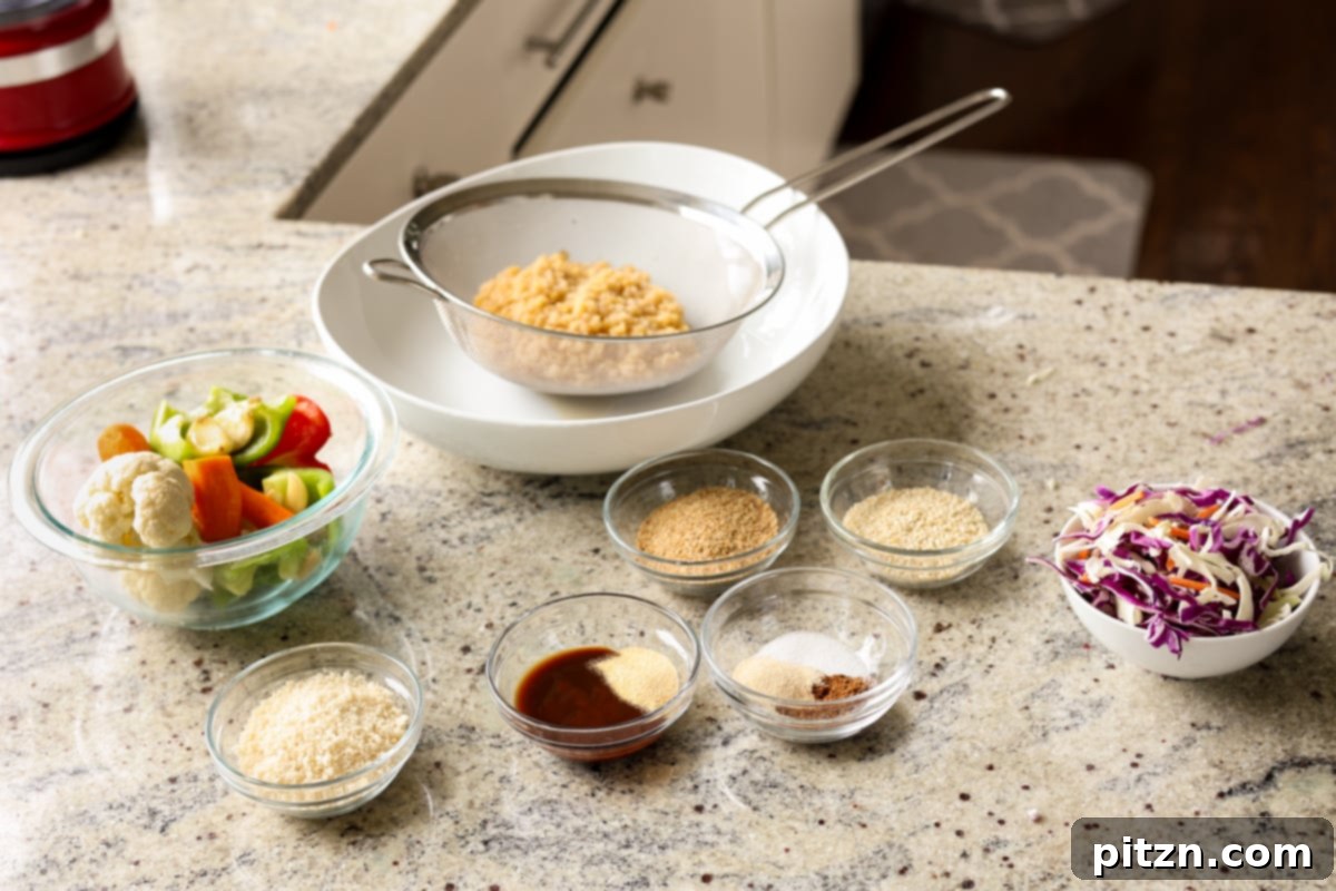 A collection of ingredients for BBQ lentil burgers artfully arranged on a kitchen counter, showcasing fresh vegetables, lentils, and spices.