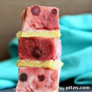 Close-up of a Blueberry Strawberry Frozen Yogurt Bar, showcasing layers of crust and berry yogurt swirl.