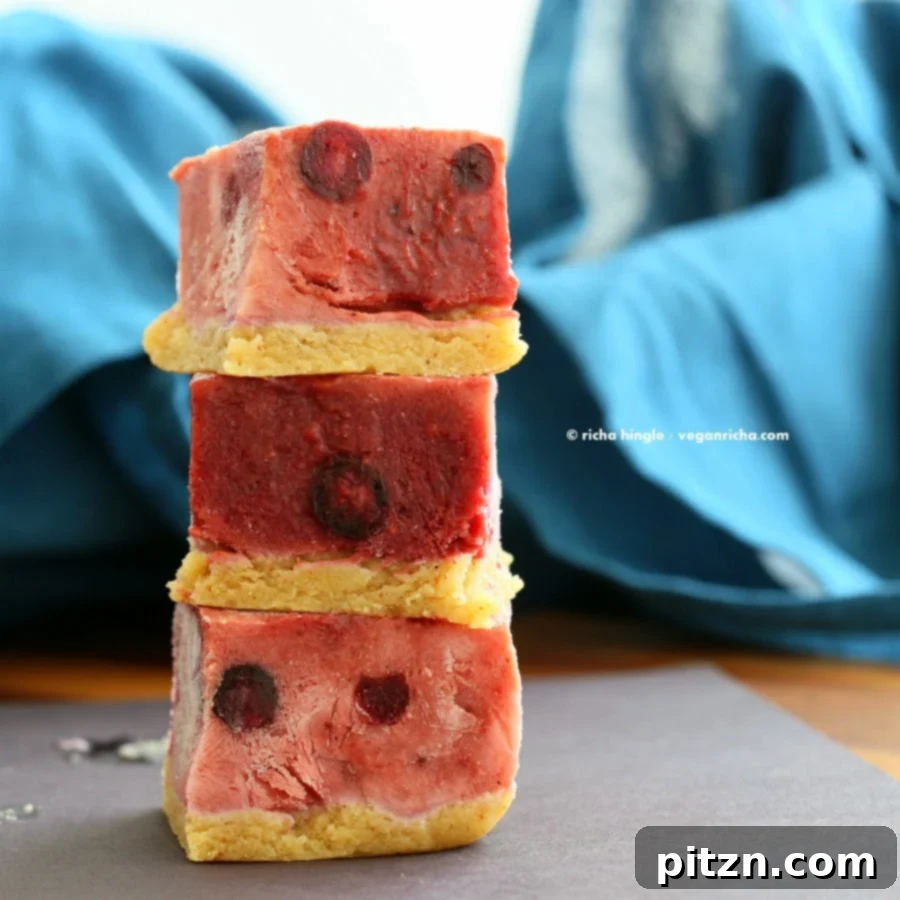 A close-up shot of the creamy blueberry and strawberry swirl in a frozen yogurt bar, highlighting the fruit pieces.