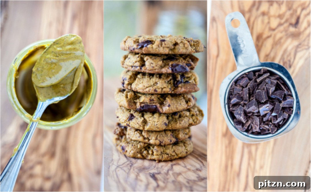 An easy Pistachio Cookies recipe with pistachio butter as the main ingredient and chocolate chunks for extra good flavor! Vegan, Gluten Free. Pistachio butter in glass jar, stack of pistachio cookies, dark chocolate chunks
