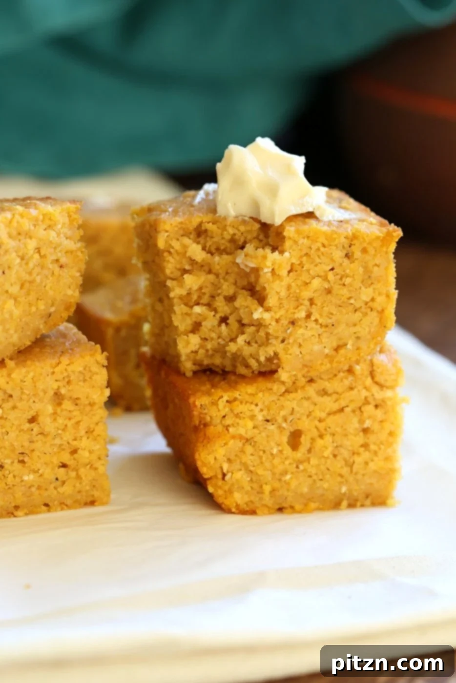 A serving of Vegan Pumpkin Cornbread, beautifully spiced and lightly sweet, ready to be enjoyed with your favorite autumn dishes. #VeganRicha #HealthyEating