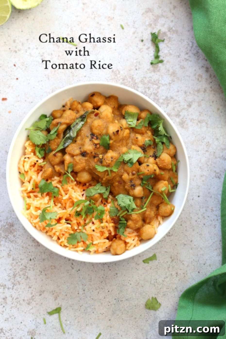 Chana Ghassi /Gassi - An overhead shot of the Mangalorean Coconut Onion sauce with Chickpeas, showing the rich texture and appealing presentation. This simplified regional Indian curry is #Vegan, Gluten-free, Soy-free, Nut-free.