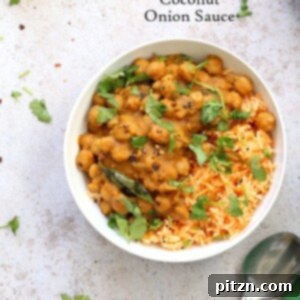 Chana Ghassi /Gassi - Mangalorean Coconut Onion sauce with Chickpeas. A close-up of the final dish, garnished and ready to serve, representing a simplified regional Indian curry that is Vegan, Gluten-free, Soy-free, Nut-free.