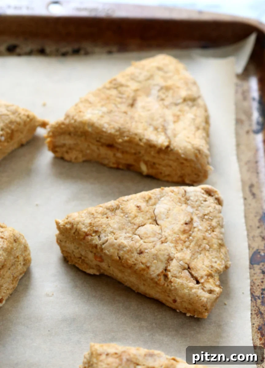 Unbaked vegan pumpkin scone dough cut into triangles on a parchment-lined baking sheet
