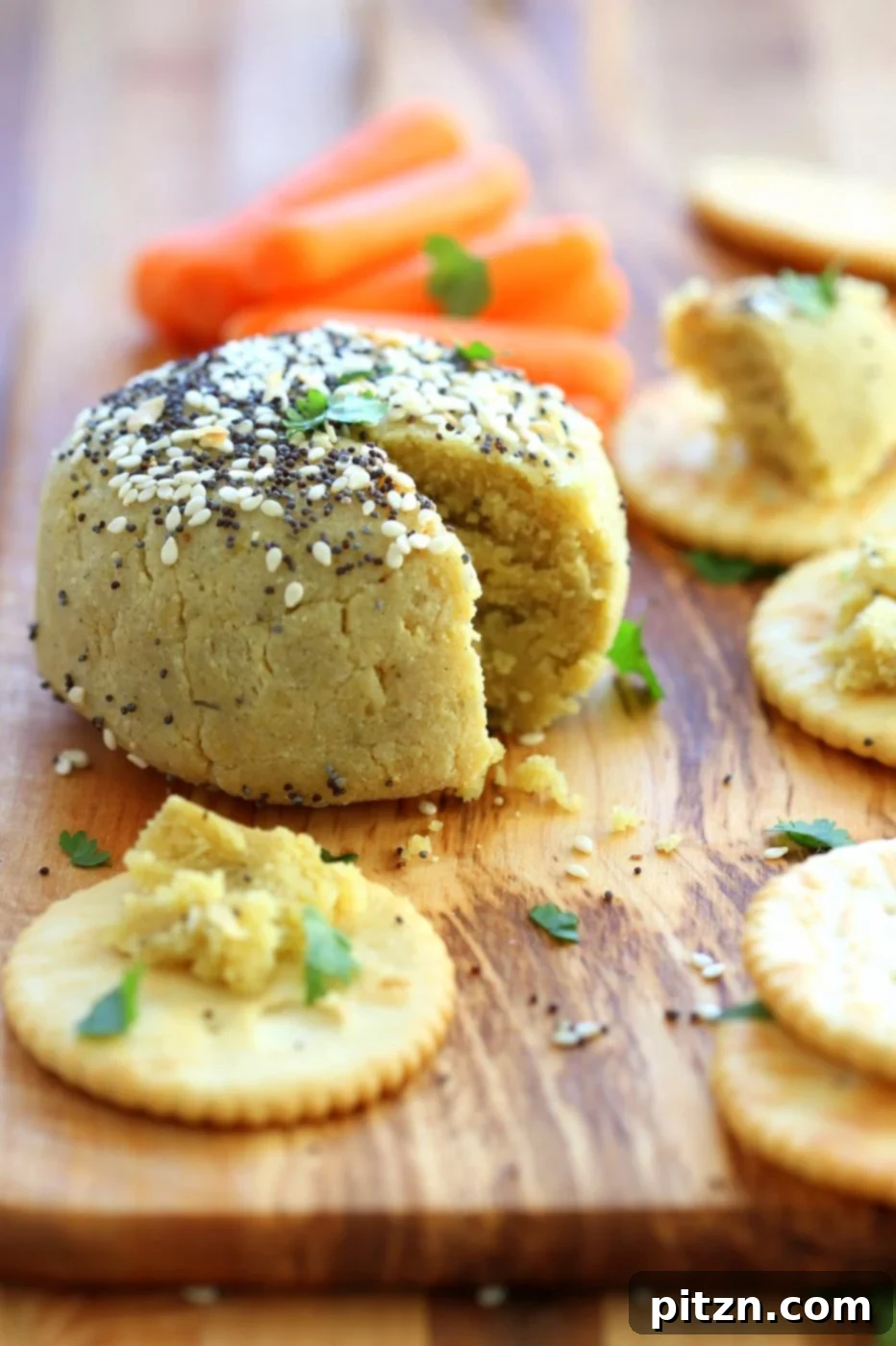 A freshly baked Everything Bagel Seasoning Vegan Cheese Ball on a serving platter with crackers, highlighting its readiness for a delicious, quick, and healthy vegan snack or appetizer.