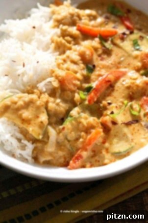 Veggies and lentils in a rich peanut sauce, a delicious vegan, gluten-free, and soy-free lunch or dinner option.