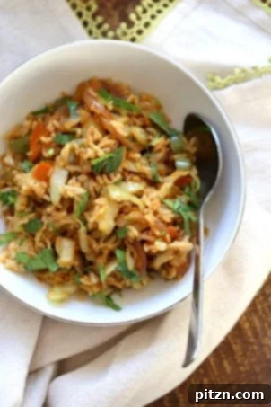 One-pot, 30-minute veggie spring rolls fried rice, perfect for fridge clean-up with cabbage, carrots, bell pepper, and rice or other cooked grains for a quick vegan weeknight meal. Gluten-free and nut-free.
