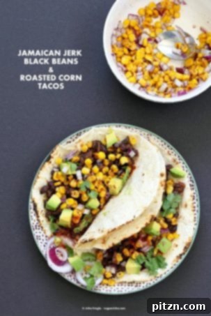 Jamaican jerk black bean tacos with roasted corn salsa, flavorful 25-minute tacos that are vegan and soy-free, and can be gluten-free with suitable tortillas.
