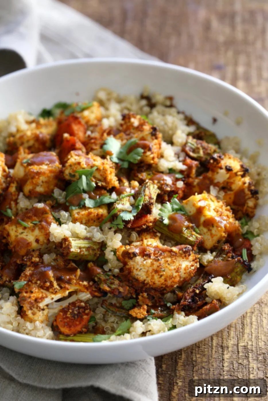 Grilled Tofu and Vegetable Power Bowl 3 Tofu and Veggie BBQ Bowl. Veggies and Tofu tossed in from scratch barbecue seasoning and baked. Serve over quinoa dressed with bbq sauce. #Vegan #Glutenfree #Nutfree #Recipe #veganricha